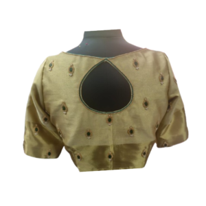 Gold aari work blouse with emerald green butta embroidery and teardrop back neck cut – iboutik.in