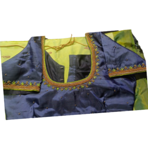 Navy blue aari work blouse with green-gold embroidered U-neck border and sleeve border – iboutik.in