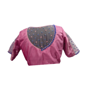 Pink blouse with V-back net yoke and blue bead work border – designer saree blouse iboutik.in