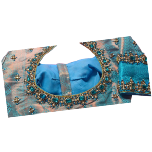 Sky blue blouse with heavy aari embroidery, emerald stones and pearl bead work on neckline – iboutik.in