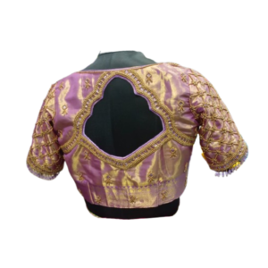 Purple gold bridal aari work blouse with scallop cut out back neck and net lattice sleeves
