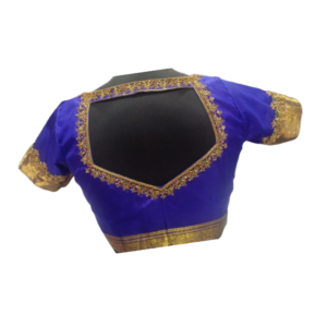 Royal blue square cut back neck blouse with aari embroidery border and gold zari sleeves
