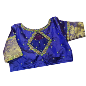 Royal blue silk blouse with green gold aari embroidery square cut neckline and zari sleeves – iboutik.in