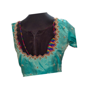 Sea green silk blouse with zig-zag neckline, multicolor border and aari bead stone work – iboutik.in