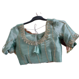 Mint green silk blouse with gold aari embroidery neckline, vertical line detailing and tassel sleeve finish – iboutik.in