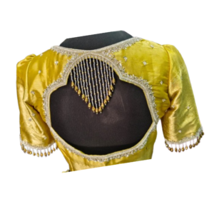Golden yellow silk blouse with pearl fringe sleeves and deep back cut bead hanging design – iboutik.in