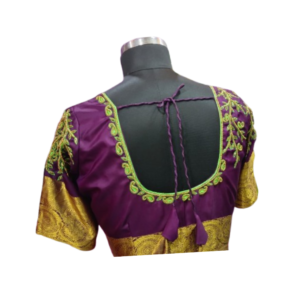 Purple and gold silk blouse with green aari embroidery U back neck and dori tassels – iboutik.in