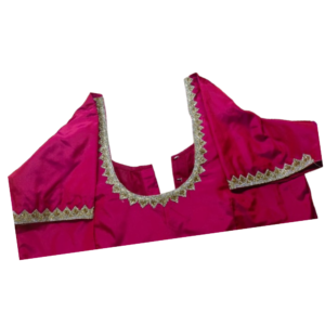 Hot pink blouse with gold zigzag lace border U neck and sleeve lace design – iboutik.in