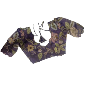 Custom-designed purple blouse with gold and pink floral embroidery, deep V-neckline, and scalloped puff sleeves from iboutik.