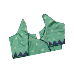 Mint green silk blouse with navy triangle border sleeves and side curve neck button detailing – iboutik.in