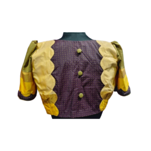 Royal purple back open blouse with contrast scallop patch and puff sleeves with fabric buttons – iboutik.in