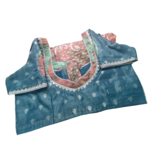 Steel blue silk blouse with silver motifs, multicolor neck patch and silver lace border – iboutik.in