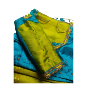 Teal blue and parrot green contrast silk blouse with U-neck border and bead work sleeves