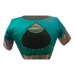 Peacock green silk blouse with teardrop back cut design and zari border finishing – iboutik.in