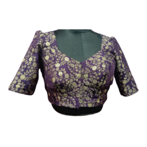Deep purple floral brocade blouse with sweetheart neckline and elbow sleeves – iboutik.in