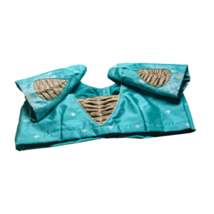 Teal blue silk blouse with beige pleated patch detailing on neckline and sleeves – iboutik.in