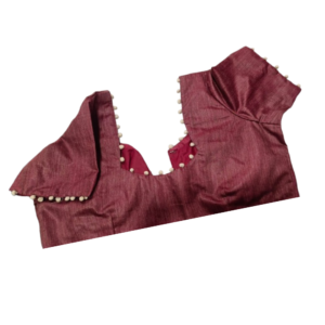 Maroon silk blouse with pearl pom-pom lace border and deep U neck design – iboutik.in