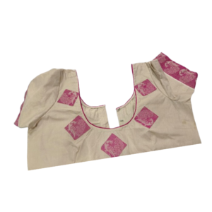Cream silk blouse with pink brocade square patch work and puff sleeves – iboutik.in