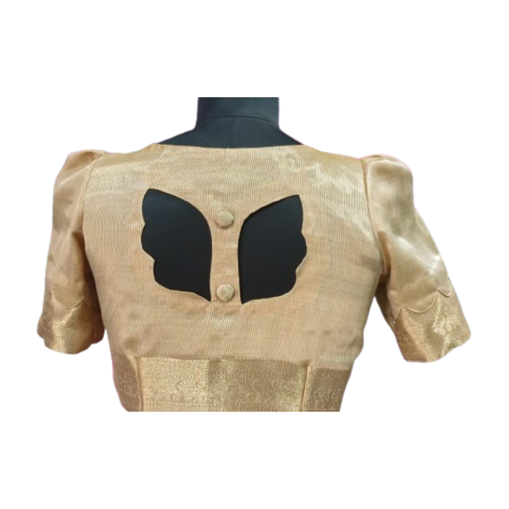 Golden beige silk blouse with butterfly back cut design and puff sleeves with fabric buttons – iboutik.in