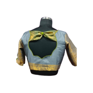 Steel grey silk blouse with back cut design, bow tie detail and gold sleeves – iboutik.in