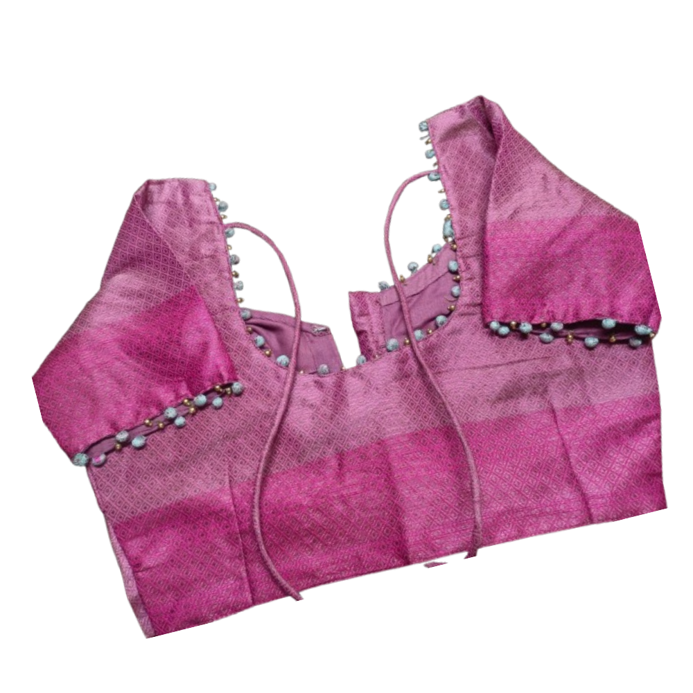 Pink self-design silk blouse with bead pom-pom border and back dori tie – iboutik.in