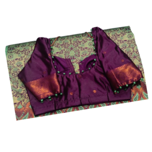 Royal purple silk blouse with copper zari sleeve border and green pom-pom lace neckline – iboutik.in