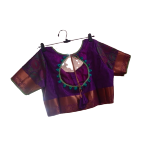 Royal purple silk blouse with copper border and round back cut design with green scallop leaf detailing – iboutik.in
