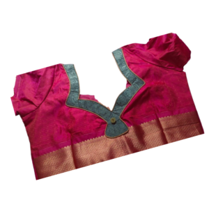 Rani pink silk blouse with grey Y-neck patch detailing and copper zari border – iboutik.in