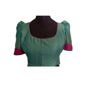 Sea green self-design blouse with puff sleeves and magenta contrast border – iboutik.in