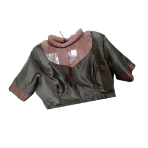 Olive green silk blouse with peach net yoke and ruffle high neck design – iboutik.in